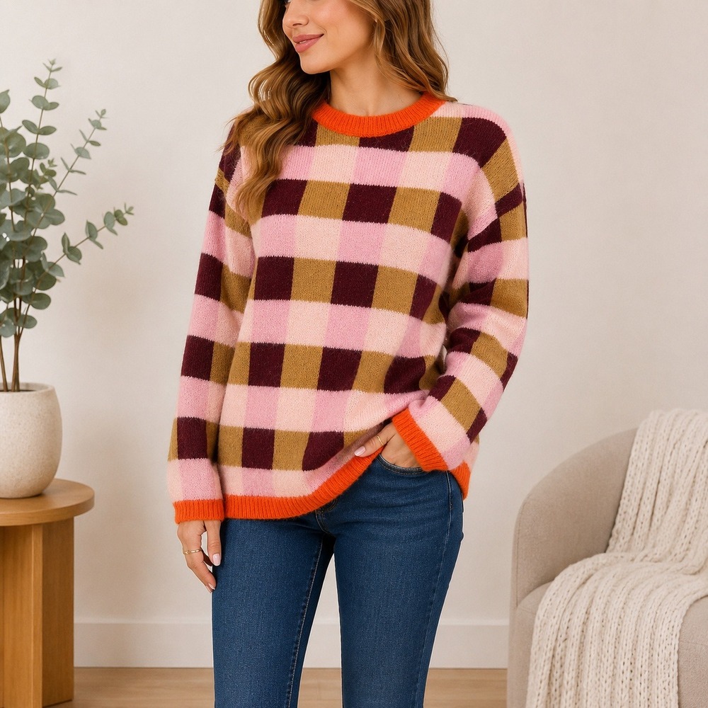 FRNCH Anthropologie Sweater Small Multicolor Wool Blend Crewneck Plaid Preppy‎